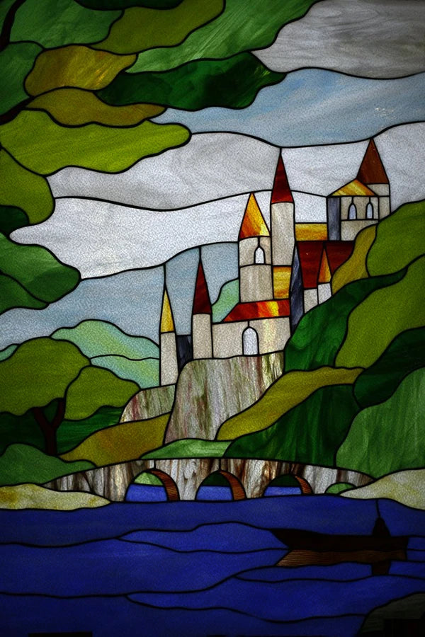 Custom size Stained Glass Films,Privacy Static Cling,Print Castle Lighthouse Sailboat Door Sticker,Office Home Decor