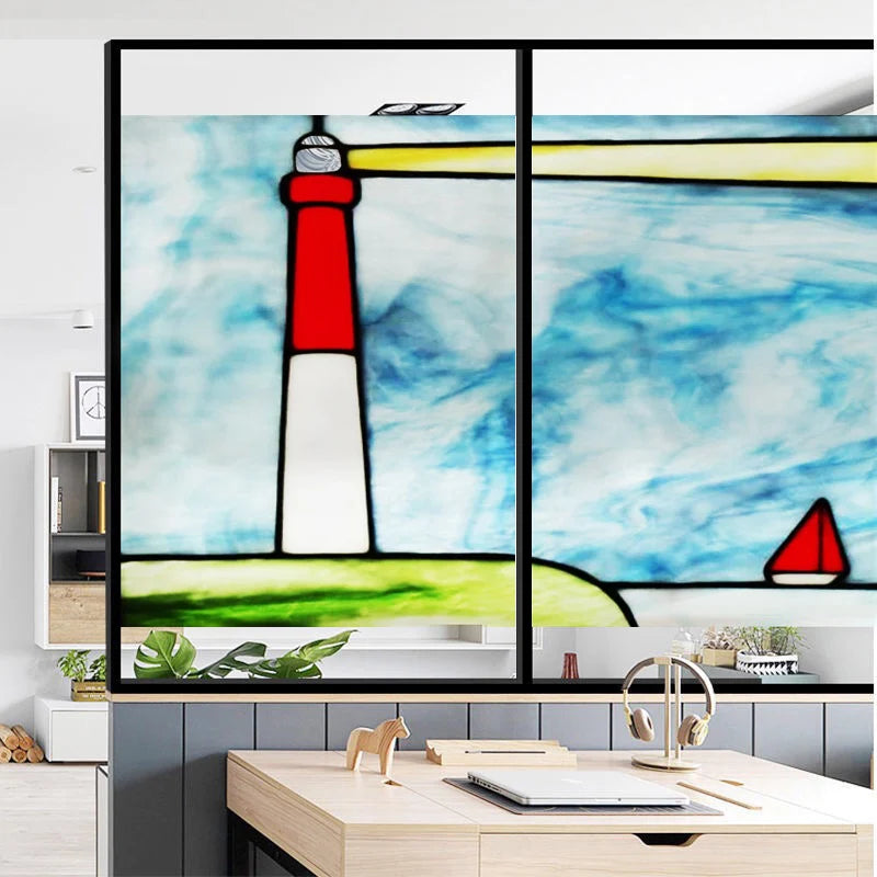Glass Films Window Sticker Static Cling Frosted Home Decor Private Tint-Film For Door Window Cabinet Wardrobe Lighthouse