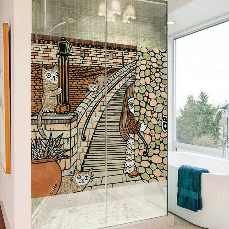 Stained Glass Window Film, Custom Size, Static Cling, Frosted,Cat, Bird, Rabbit Print, Door, Home Decor