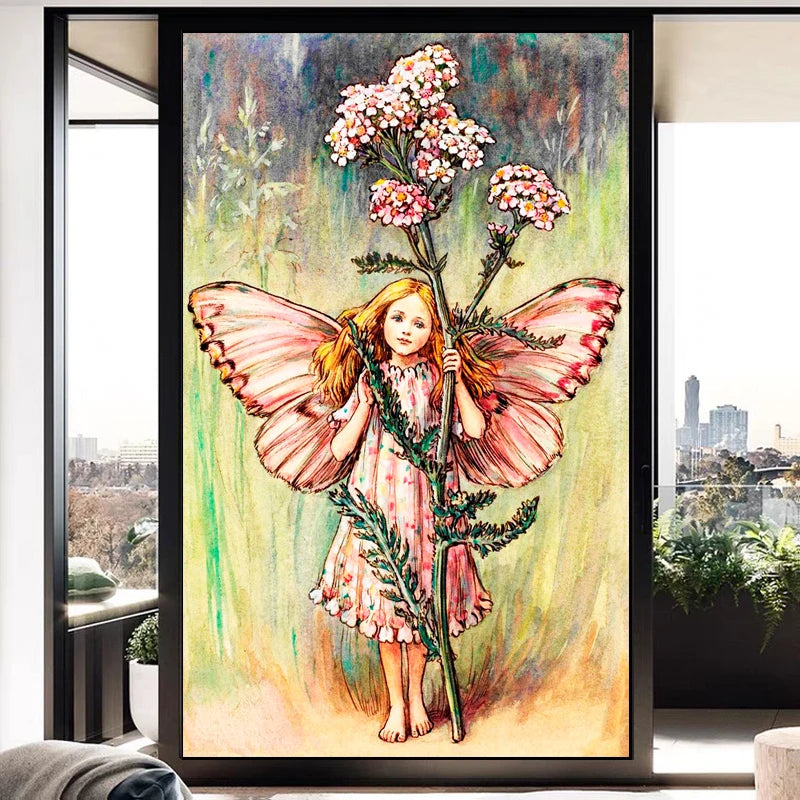 Custom Size Stained Glass Window Film, Flower Fairy Stickers, Static Cling for Kitchen, Bathroom, Bedroom, Door, Home Decor