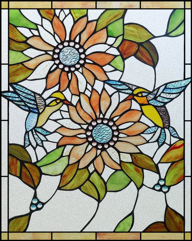 Customized Frosted Stained Glass Window Film,  SunFlower, Hummingbird, Static Cling Sticker,Home Decor, Treatment