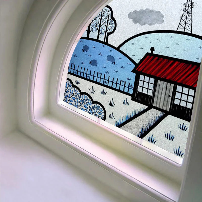 Custom size Glass Films Stained Glass Stickers Static Cling Frosted Privacy PVC Print Natural Village For Window Door Home Decor