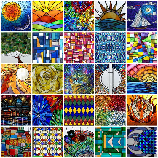 Stained Glass Window Film, Frosted Privacy, Static Cling, Retro Colorful Sun Moon Sticker, Bathroom Skylight Decor, Custom Size