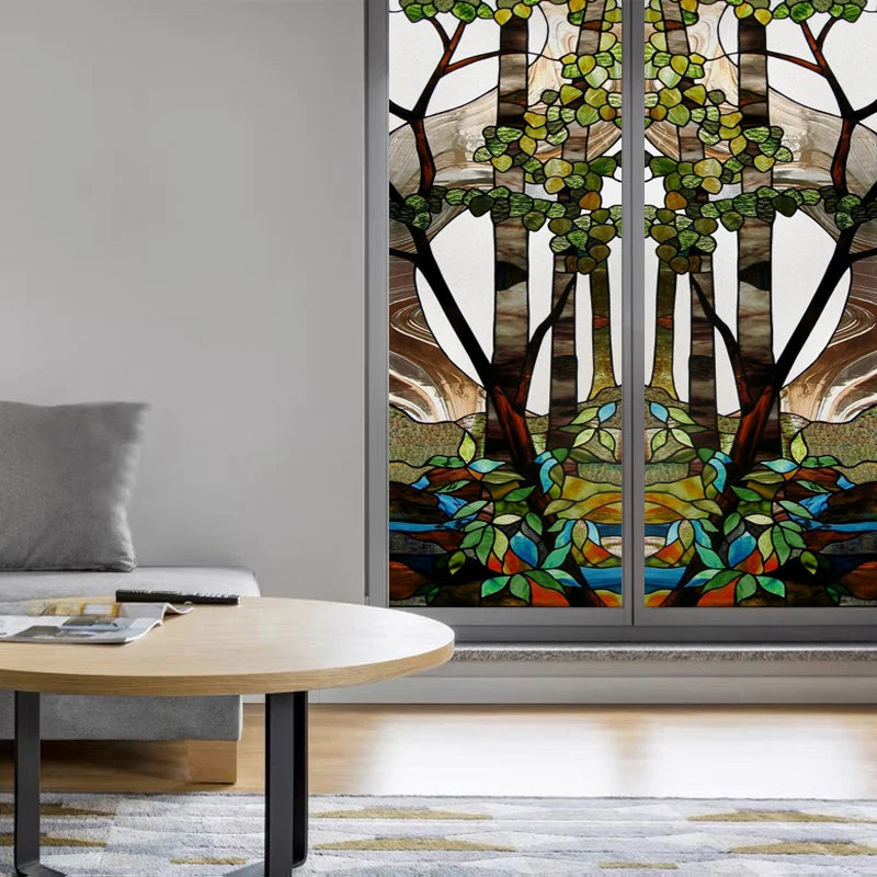 Colored Frosted Window Film, Stained Glass Door Sticker,Self Adhesive, Static Cling ,Tree, Custom Size, Church Style Tree