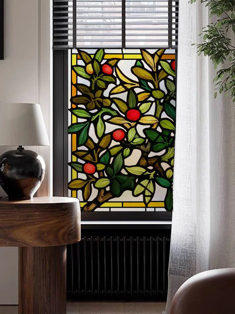 Frosted Stained Glass Window Film, Customized Decor Design, Red Bayberry Static Cling Sticker,Home Decor Foil, Treatment