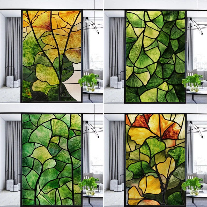 Window Film Stained Glass Films,Frosted Static Cling,Light-transparent Opaque Privacy Sticker,Home Decor,Ginkgo Leaf,Leaves
