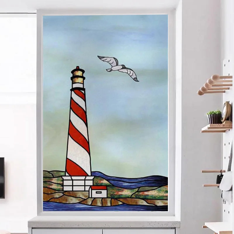 Custom Size Stained Glass Window Film, Retro Painted Frosted Static Cling, Vintage Glass Films Sticker, Lighthouse Sailboat