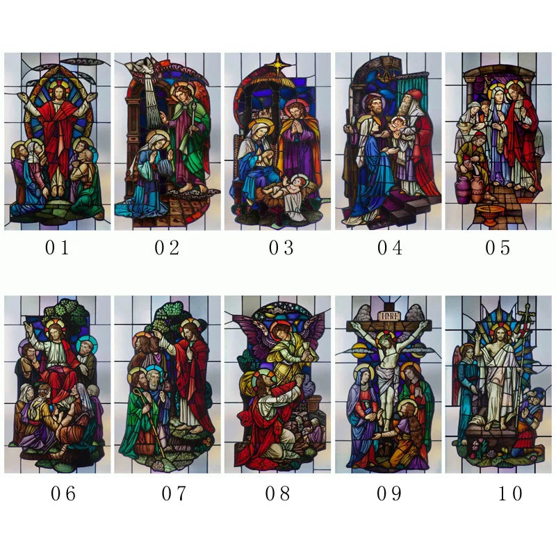 Decorative self adhesive/static cling frosted stained continental  window film can do custom size Crucifixion of Jesus/Christ