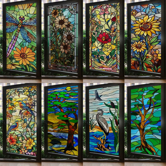 Custom Size Stained Glass Window Film Privacy Static Cling Retro Vintage Tiffany Style Stickers Shower Kitchen Home Decor Flower