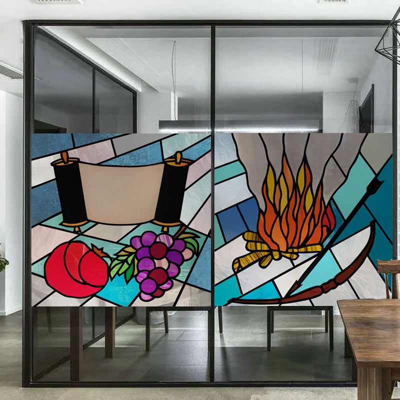 Custom Size Window Film, Stained Glass Films, Square Window Sticker, Retro Church Frosted Static Cling, Door Glass Home Decor