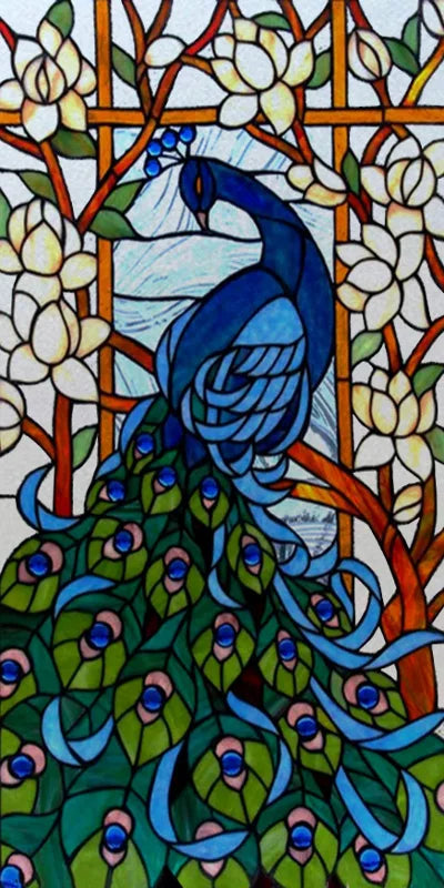 Customized Size No Glue Static Cling Frosted Stained Glass Film Window Films Sticker for Bathroom Door Home Decor Church Peacock