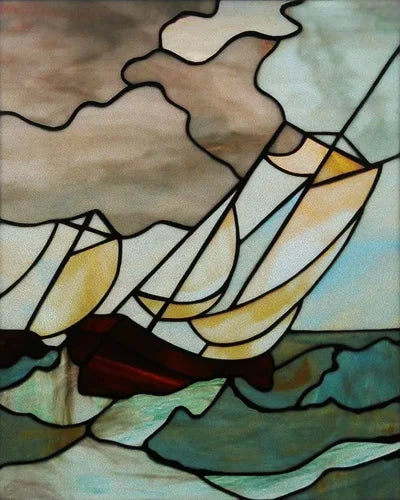 Frosted Stained Glass Window Film, Static Cling, Retro Door Sticker,Kitchen, Office, Home Decor, Customized,Sailboat
