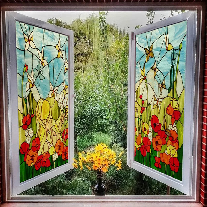 Landscape Painting Stained Glass Films, Transom Windows Film, Opaque Sticker, Self Adhesive, Static Cling, Custom Size