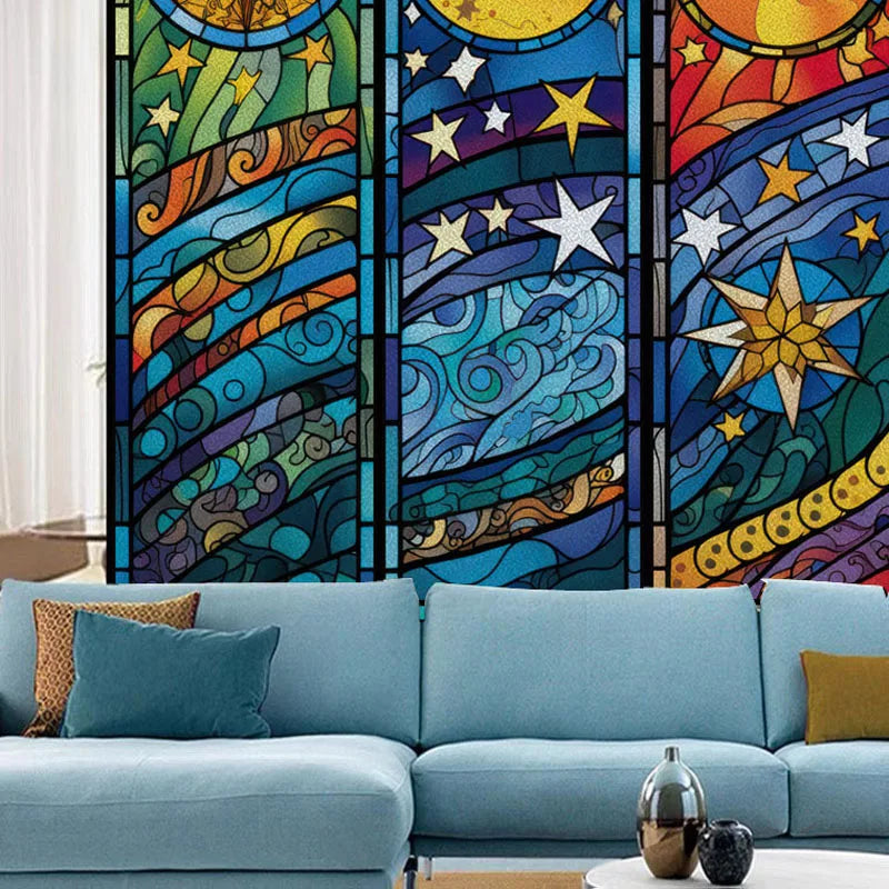 Frosted Stained Glass Window Film, Customized Static Cling,Privacy, Church Retro Sticker,Office, Home Decor,Sun and Moon