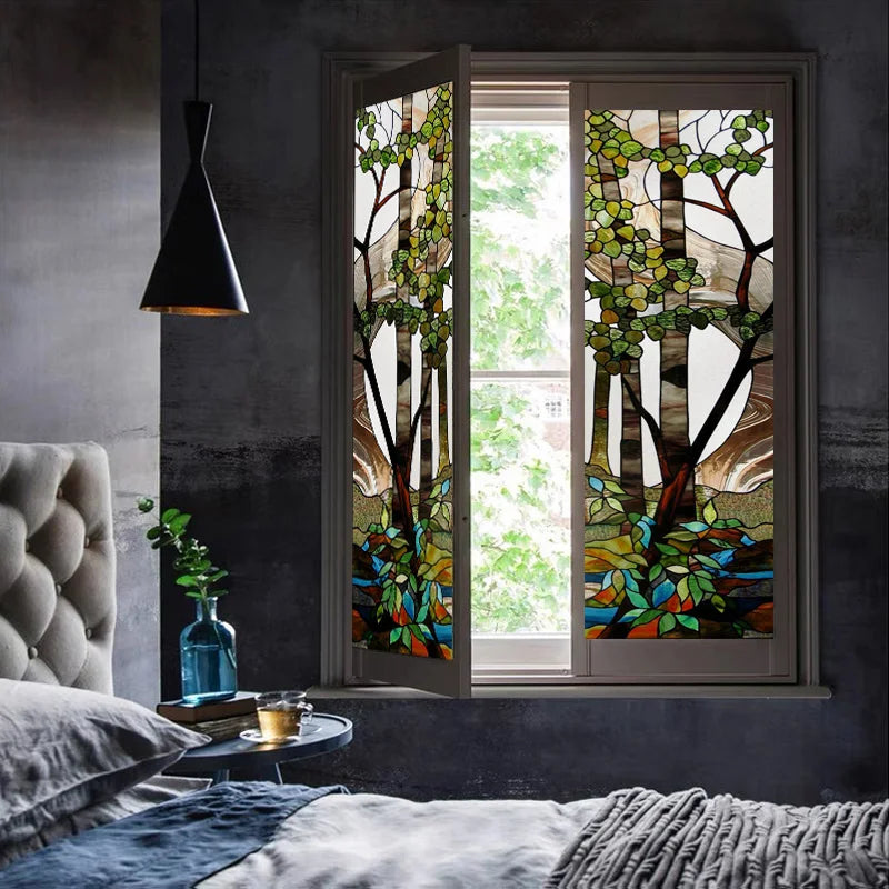 Colored Frosted Window Film, Stained Glass Door Sticker,Self Adhesive, Static Cling ,Tree, Custom Size, Church Style Tree