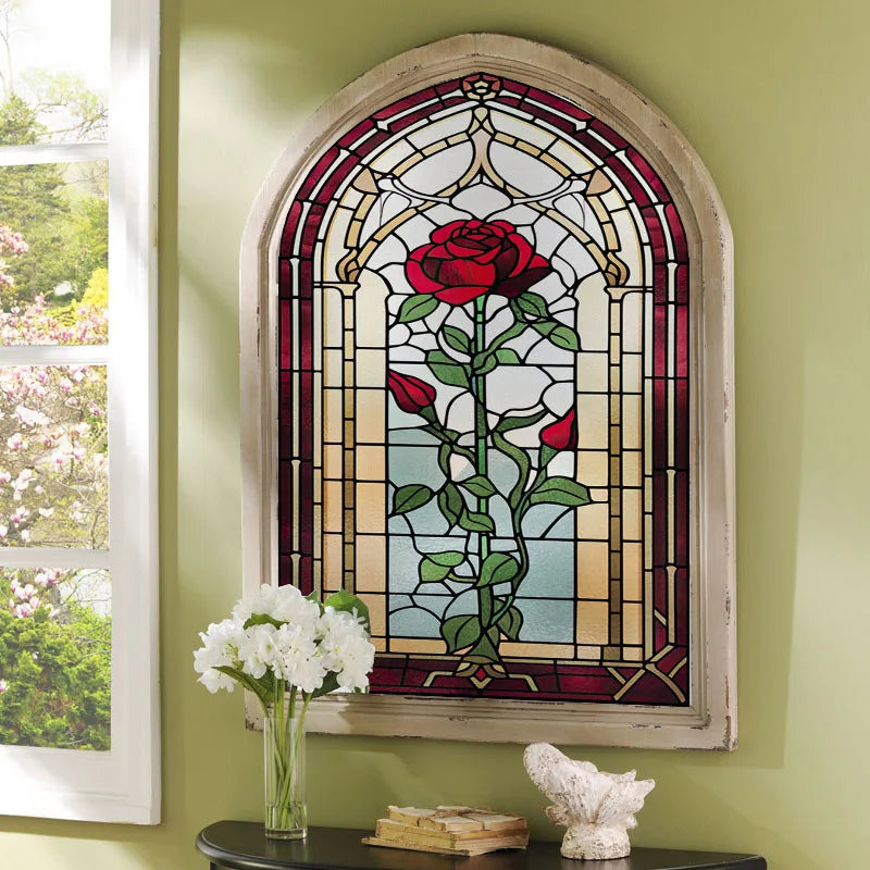 Rose Stained Glass Window Film, Frosted Window Film, ,Privacy,No Glue, Static Cling, Home Decorative