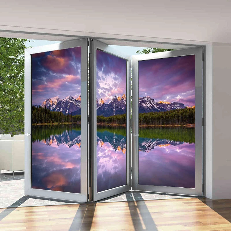 Stained Glass Window Film Frosted Glass Sticker Forest Opaque,Customized Print Mountain For Bathroom Door Office Home Decor