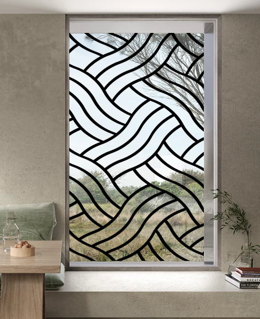 Stained Glass Window Film Transparent Glass Sticker Static Cling Iron Style Black Line Office Door Anticollision Home Decor