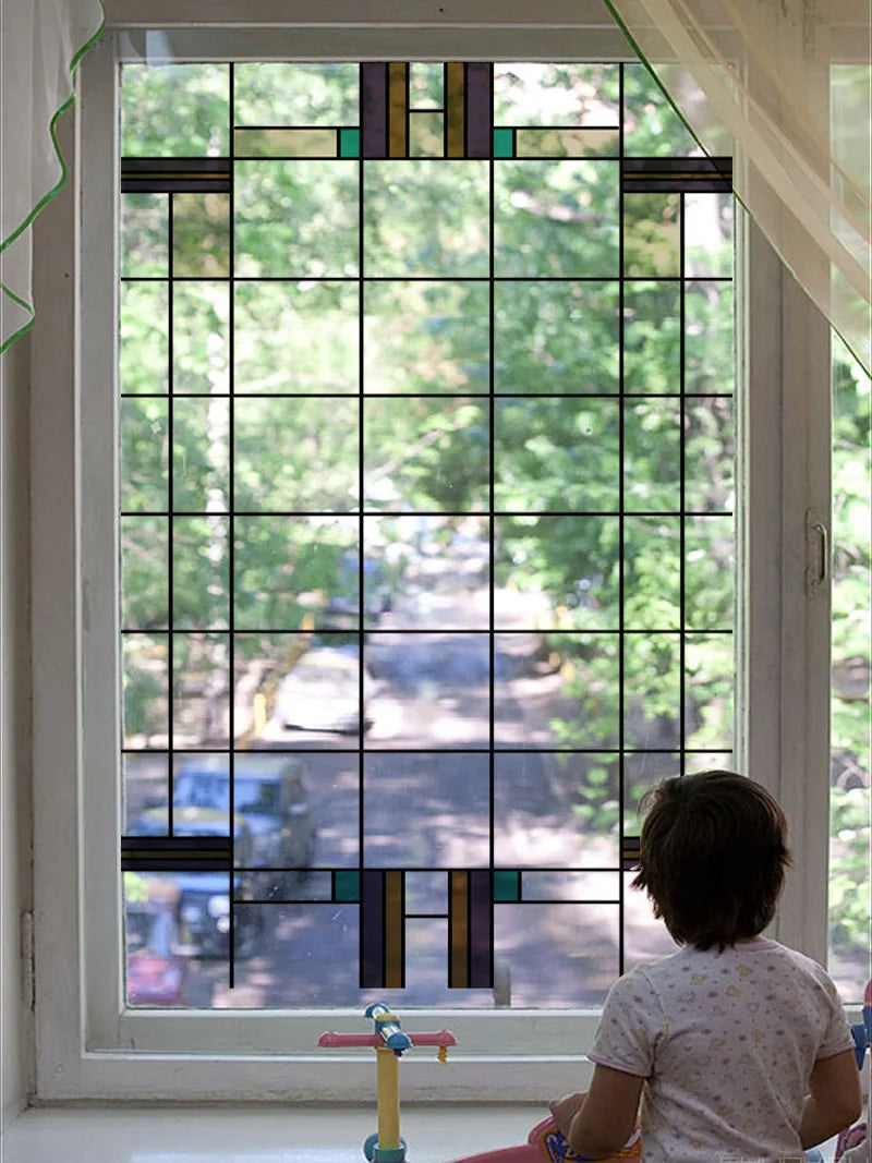 Stained Glass Window Film Transparent Glass Sticker Static Cling Prairie Scottish Style Office Door Anticollision Home Decor