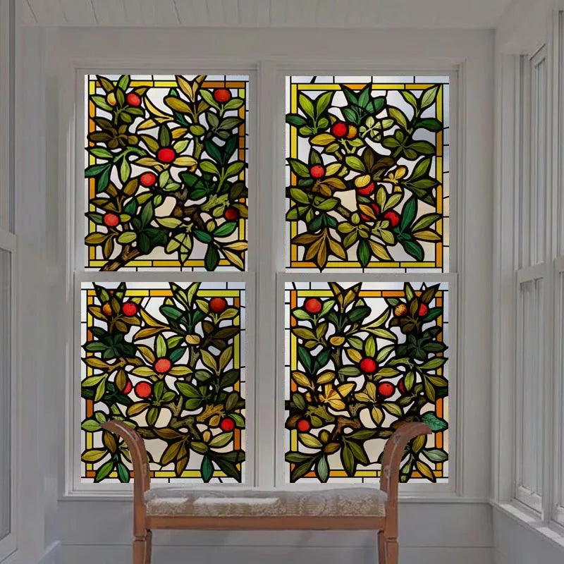 Frosted Stained Glass Window Film, Customized Decor Design, Red Bayberry Static Cling Sticker,Home Decor Foil, Treatment