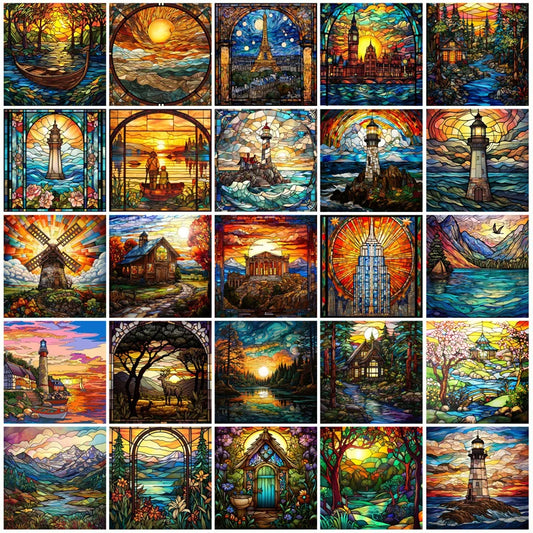 Custom size Glass Films,Stained Glass Stickers Static Cling,Frosted Privacy Print  Retro Vintage Scenery Window Door Home Decor