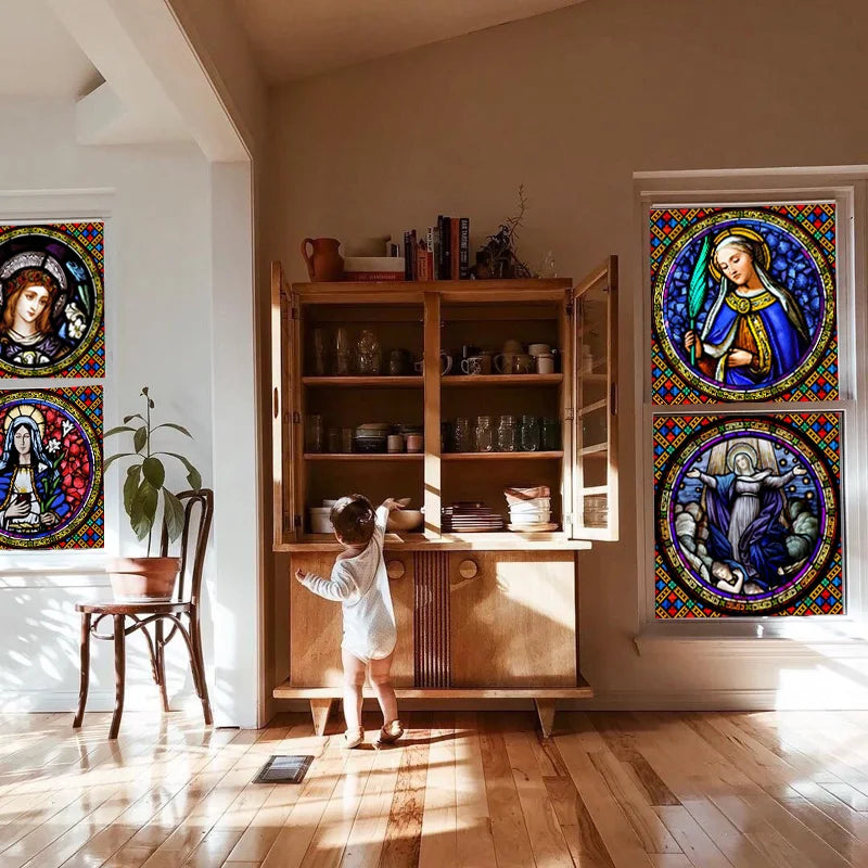 Custom Frosted Stained Glass Window Film, Static Cling ,Church Jesus Mary Angels Picture Stickers, Window Treatment, Home Decor