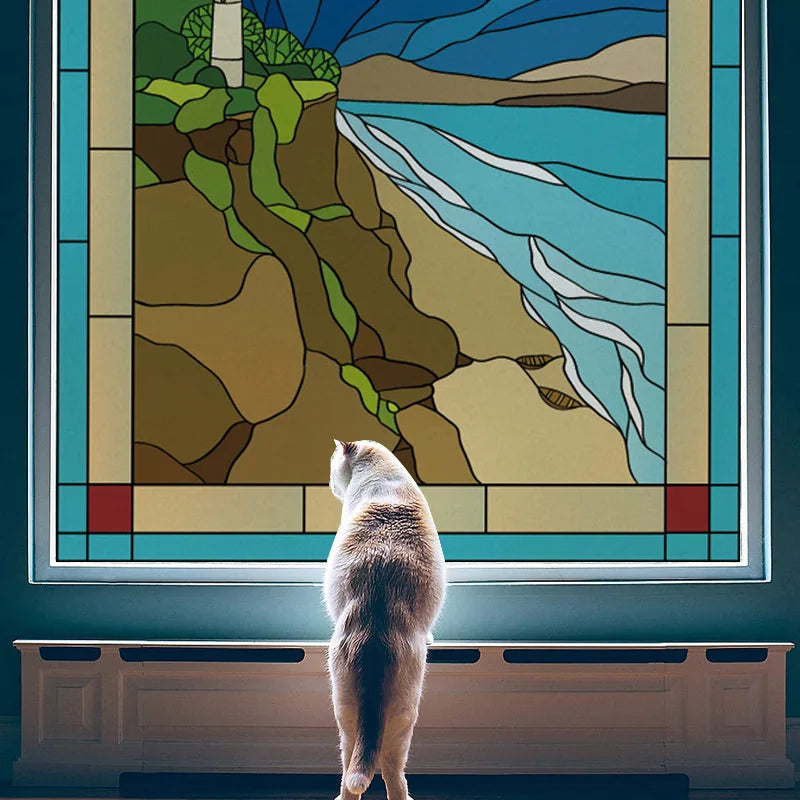 Custom size Stained Glass Films,Privacy Static Cling,Print Sea Red Lighthouse,Rising Sun, Night,Door Sticker,Office Home Decor