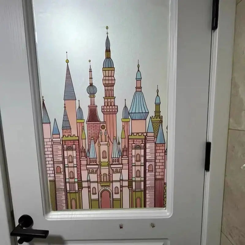 Custom Size Static Cling Window Film,Reusable Waterproof Privacy Protection Stained Glass Decal ,DIY Castle Design for Home