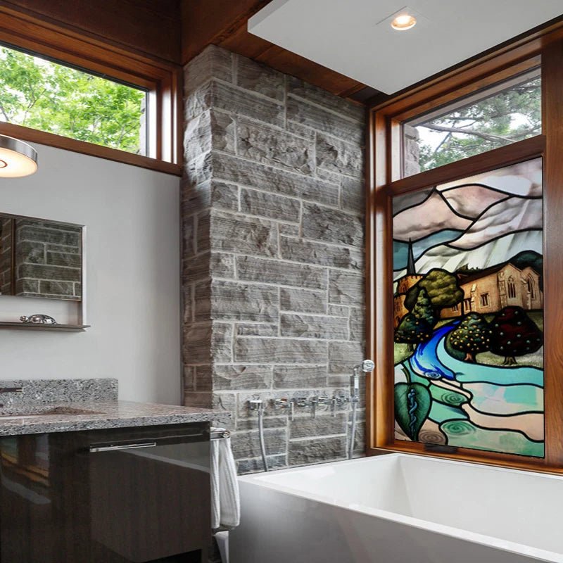 Window Film Frosted Stained Glass Films,Customized Privacy Static Cling,Retro Colorful Stickers Home Decor Bathroom Skylight