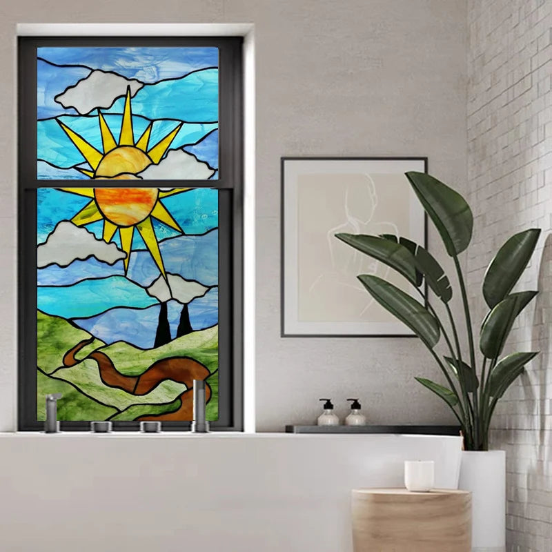 Custom Size Window Film, Stained Glass Stickers, Static Cling, Frosted Privacy Print, Sun,Sailboat,for Window Door, Home Decor