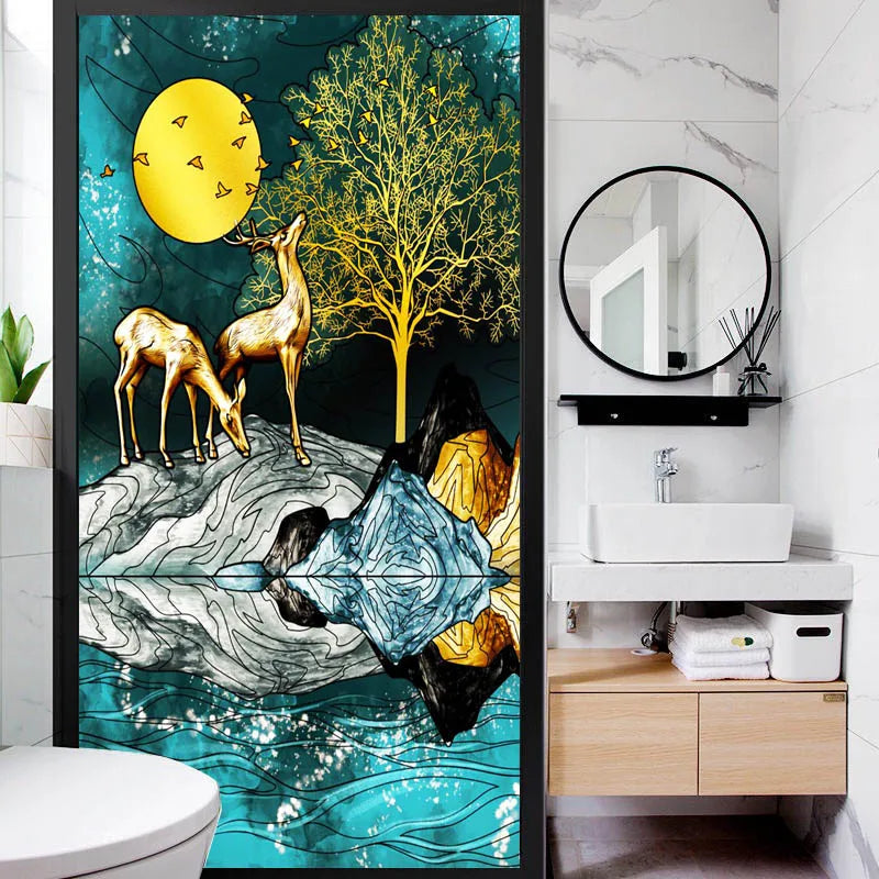 Customized Size No Glue Static Cling Frosted Stained Glass Window Films for Bathroom Door Home Decor Print Mosaic Night Moon