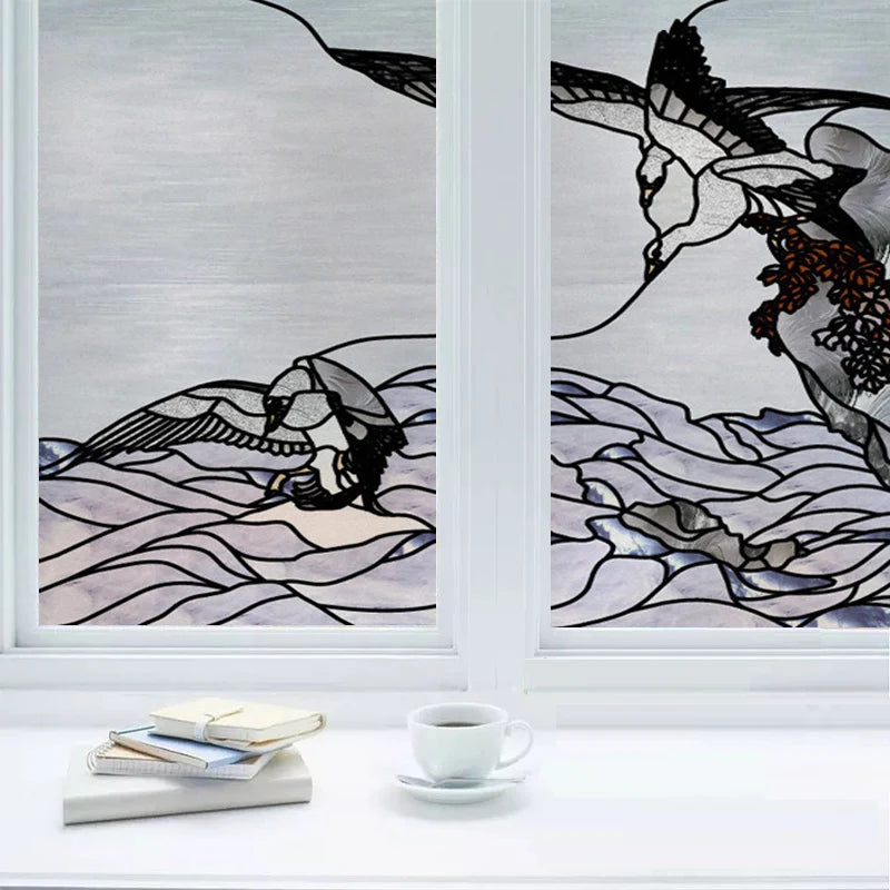 Custom Size 3D Matte Window Film, Stained Glass Decor, Window Sticker, Privacy Frosted Static Cling,Hom Decal, Animal Cat, Bird