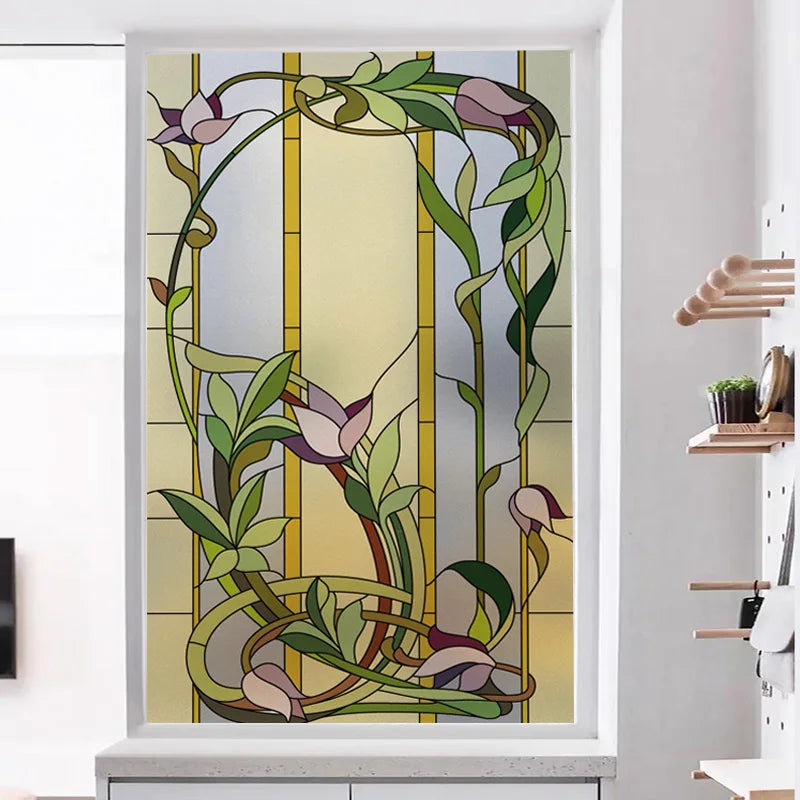 Window Film Frosted Stained Glass Films Customized Art Decor Design Flower Static Cling Sticker,Home Decor Foil Window Treatment