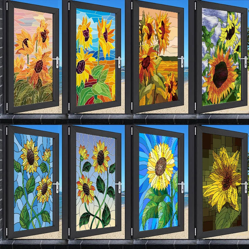 Window Film Stained Glass Stickers,Custom size Static Cling  Sunflower Privacy Films Door Sticker Kitchen Office Home Decor