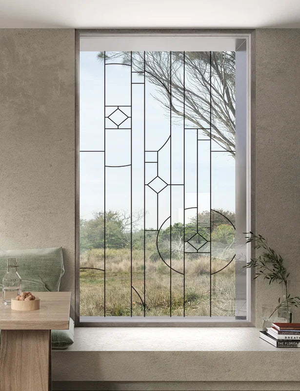 Stained Glass Window Film Transparent Glass Sticker Static Cling Iron Style Black Line Office Door Anticollision Home Decor