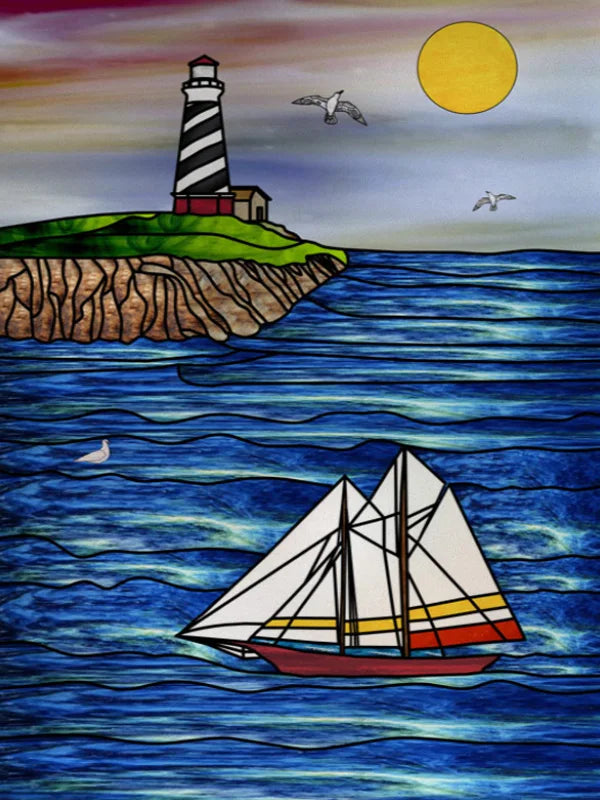 Custom Size Stained Glass Films,Privacy Static Cling,Print Castle, Lighthouse Tower, Sailboat Door Sticker,Office, Home Decor