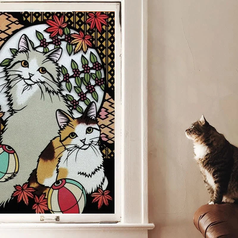 Customized Stained Glass Film Window Films Static Cling Frosted Sticker Japanese-Style Home Decor Cat  Cherry Blossom Poster