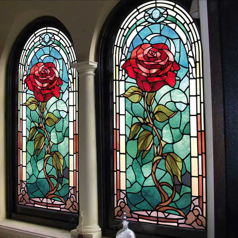Rose Stained Glass Window Film, Frosted Window Film, ,Privacy,No Glue, Static Cling, Home Decorative