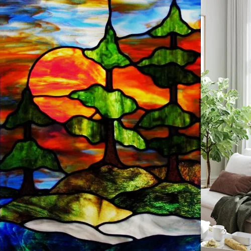 Custom size Glass Films,Stained Glass Stickers Static Cling,Frosted Privacy Print Tree,Rivers,Hill For Window Door Home Decor