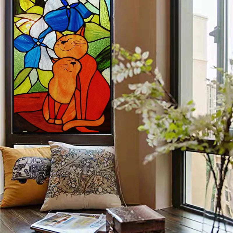Customized Stained Glass Film Window Films Static Cling Frosted Sticker Japanese-Style Home Decor Cat  Cherry Blossom Poster