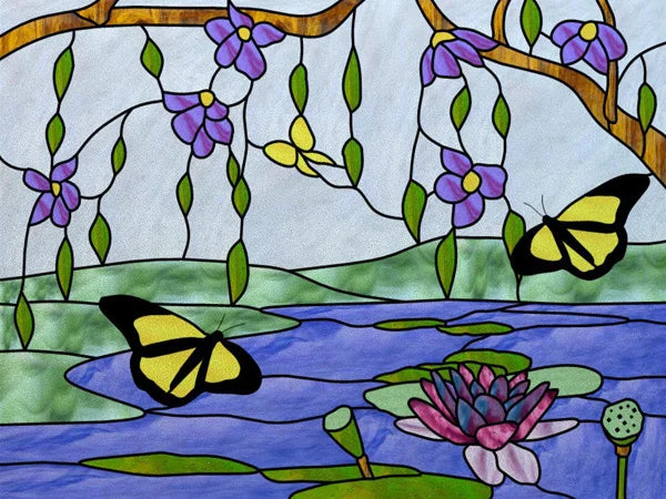 Landscape Painting Stained Glass Films, Transom Windows Film, Opaque Sticker, Self Adhesive, Static Cling, Custom Size