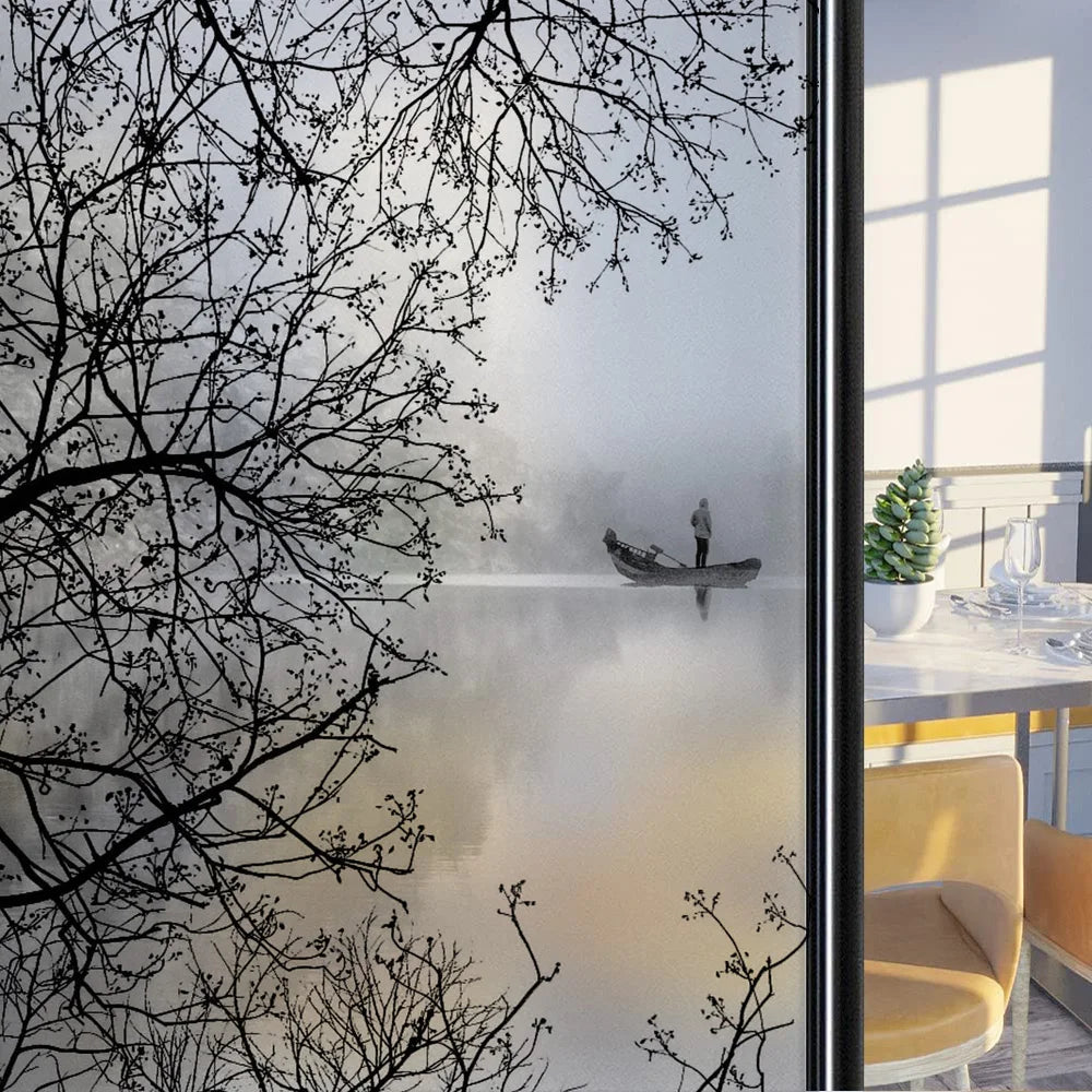 Custom Size Stained Glass Window Film,Frosted Privacy, Static Cling, Door Sticker,Bathroom, Home Decor, Tree, Mountain