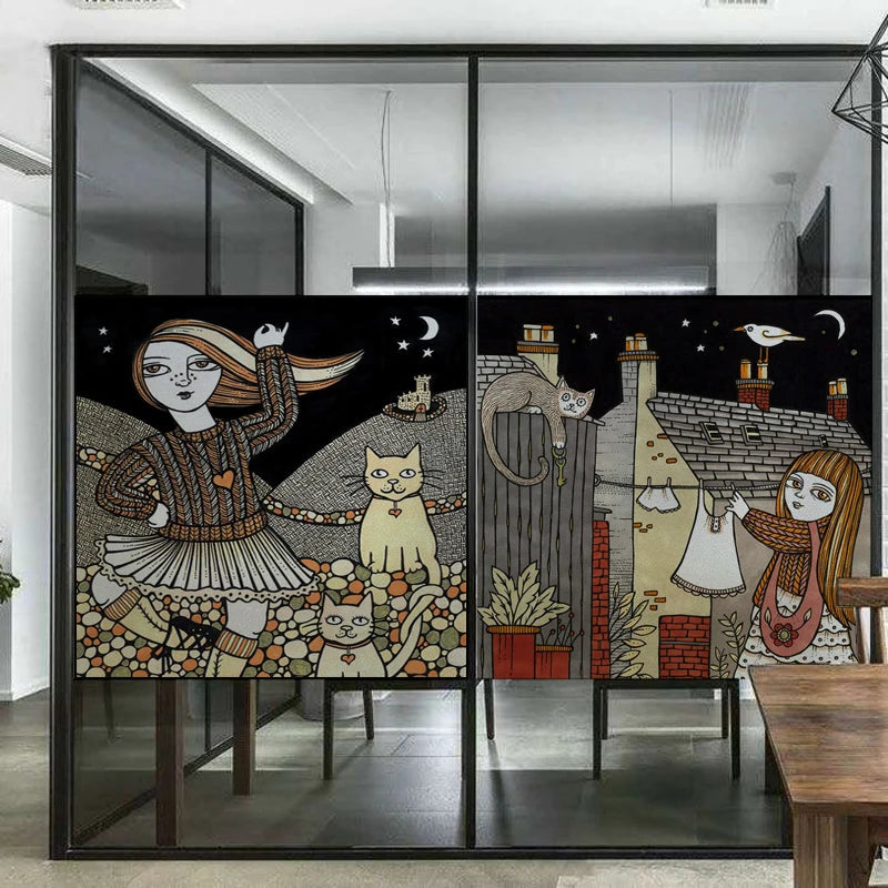 Stained Glass Window Film, Custom Size, Static Cling, Frosted,Cat, Bird, Rabbit Print, Door, Home Decor