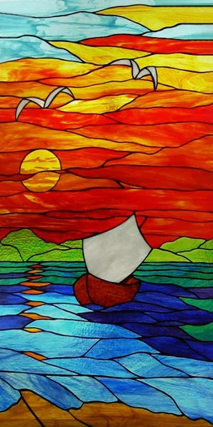 Custom Size Window Film, Stained Glass Stickers, Static Cling, Frosted Privacy Print, Sun,Sailboat,for Window Door, Home Decor