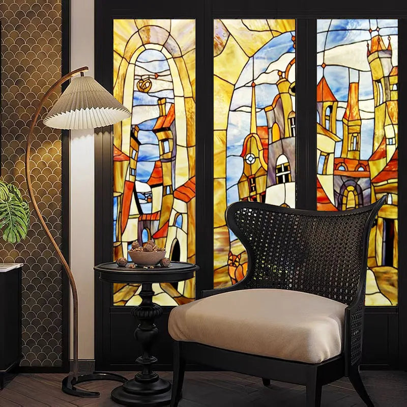 Customized Stained Glass Film Window Films,Static Cling Frosted Privacy,Bathroom Kitchen Cupboard Door Sticker,Castle