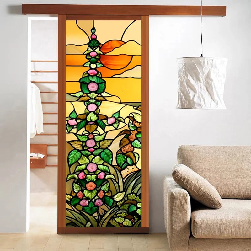 Custom Size Stained Glass Window Film,Frosted Privacy Static Cling,Retro Stickers,Kitchen Bathroom Door Home Decor