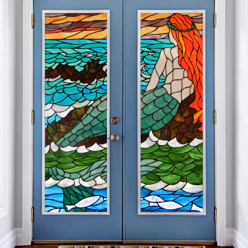 Custom Size Window Stained Glass Films,Mermaid,Flower, Fairy,People Painting Stickers for Bathroom, Door, Office, Home Decor