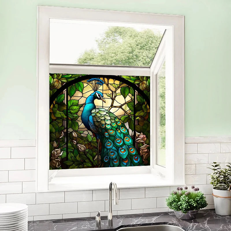 Stained Glass Window Film,Frosted Static Cling,Custom made to fit Window Size or Shape,Kitchen Bathroom Door Decor Peacock birds
