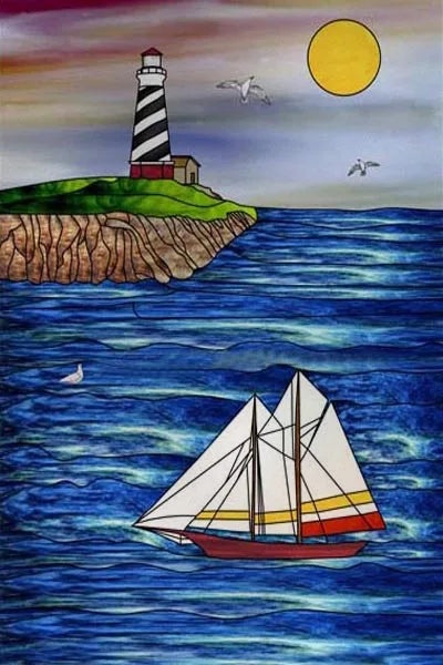 Custom Size Stained Glass Window Film, Retro Painted Frosted Static Cling, Vintage Glass Films Sticker, Lighthouse Sailboat