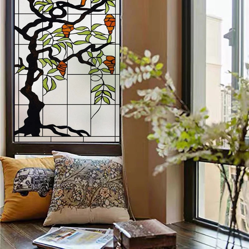 Frosted Stained Glass Window Film, Print Flowers, Static Cling,Privacy Door Sticker,Kitchen, Office, Home Decor, Customized